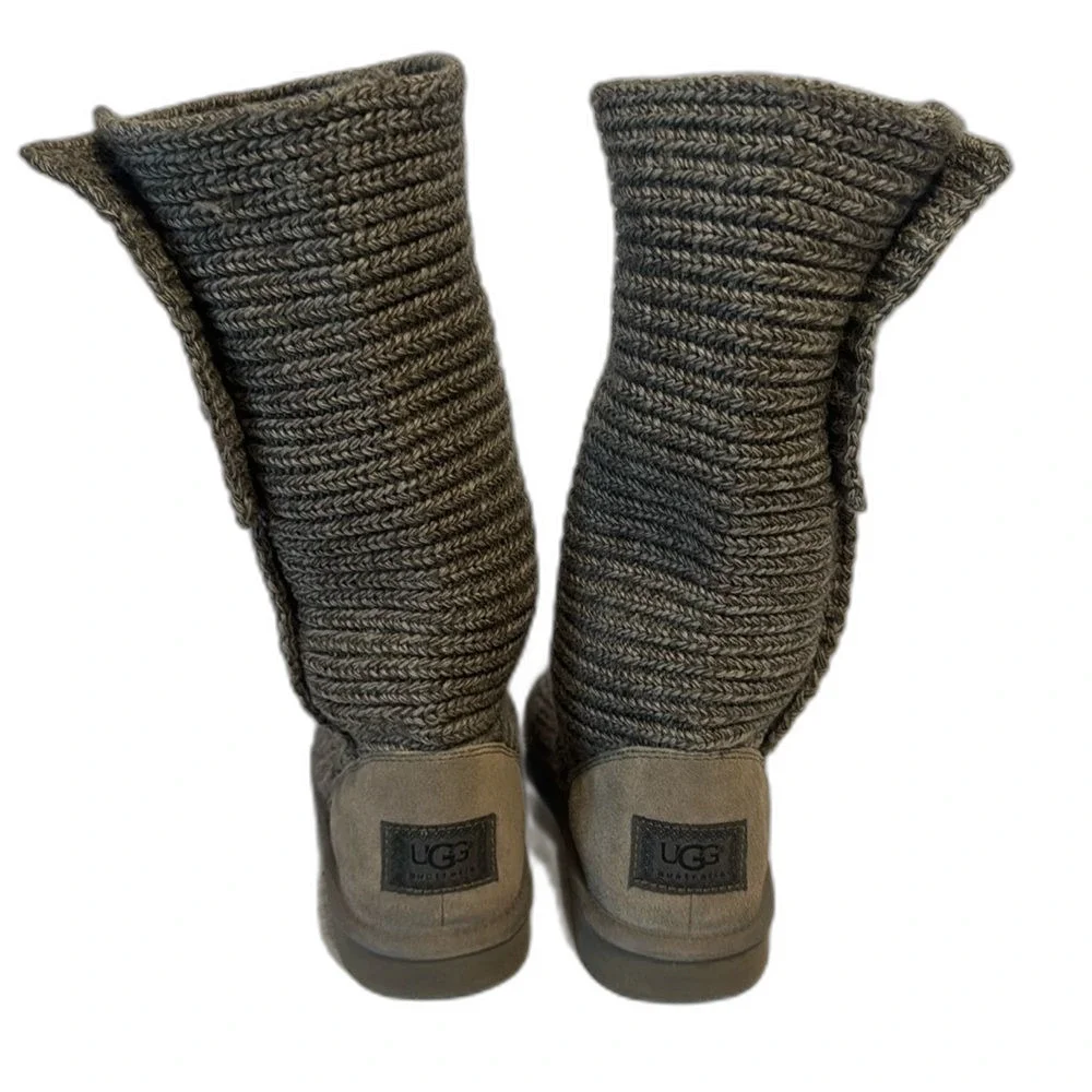 UGG Cardy 5649 Gray Sock Knit Tall Button Slipper Winter Boots Womens 6